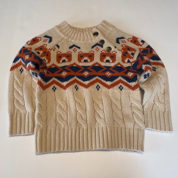 Bleached Other - Bleached Kid 4T Bear Fair Isle Cable Knit Sweater Cream Rust Navy Blue Button Up